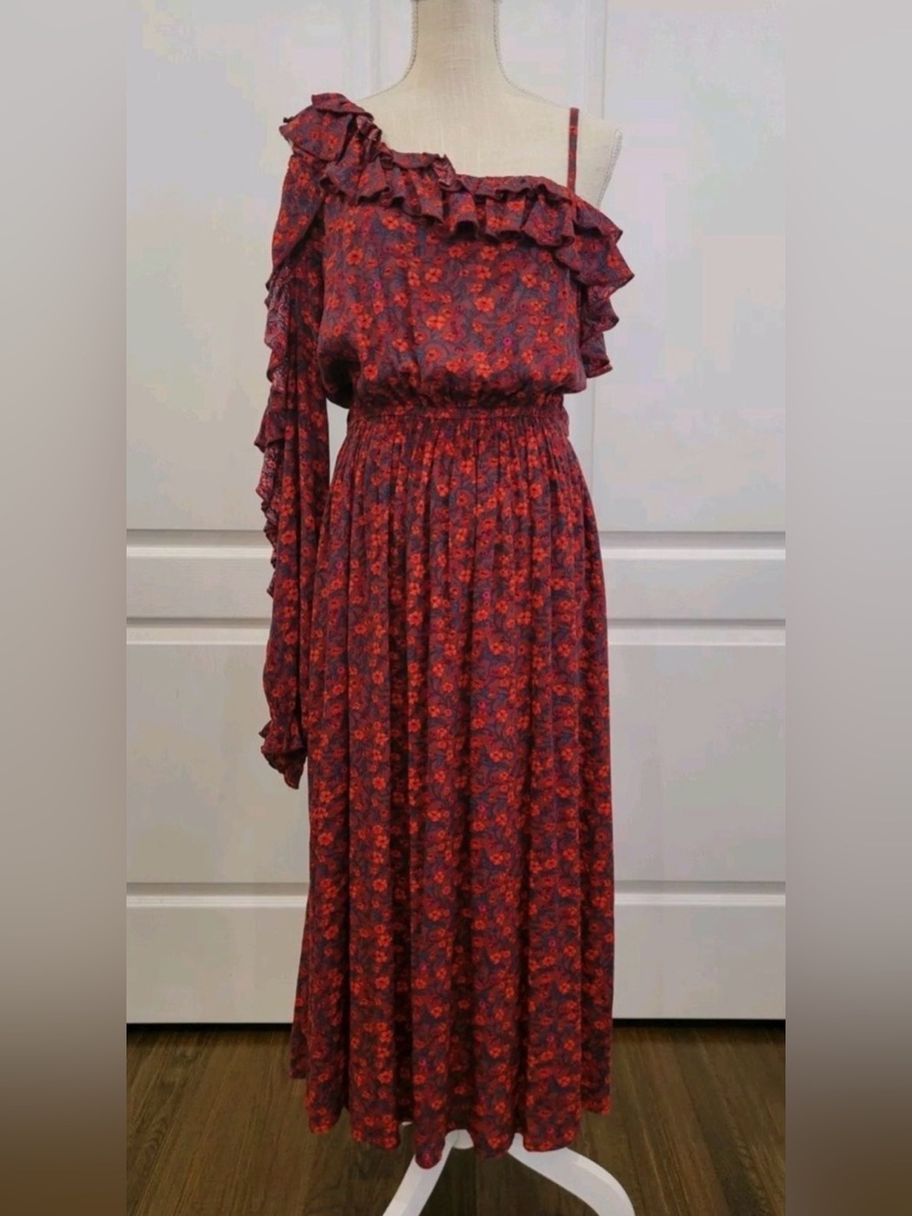 Shyanne Red Floral One-Shoulder Ruffle Maxi Dress